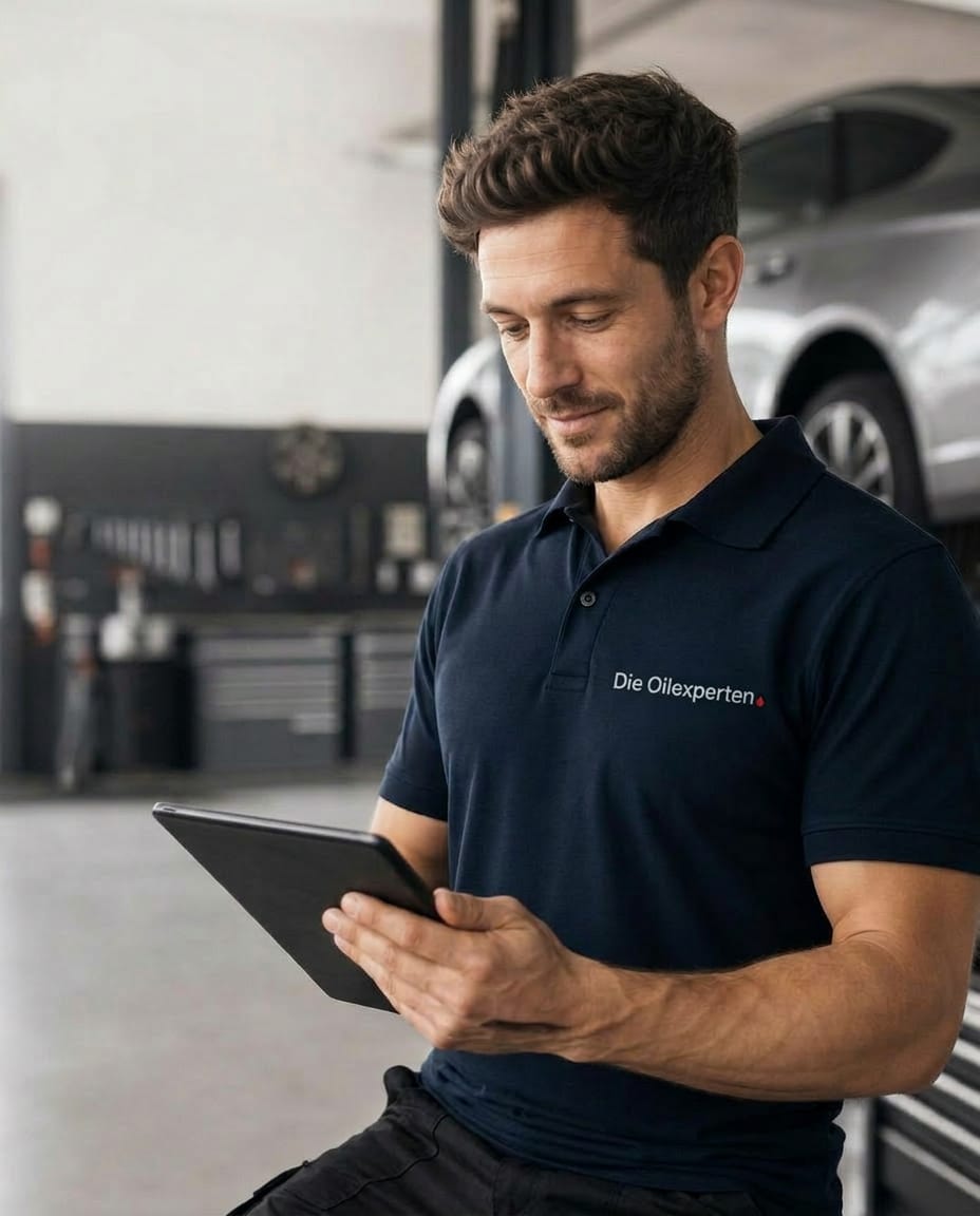 Symbolbild: Werkstattmitarbeiter mit Tablet in der Werkstatt