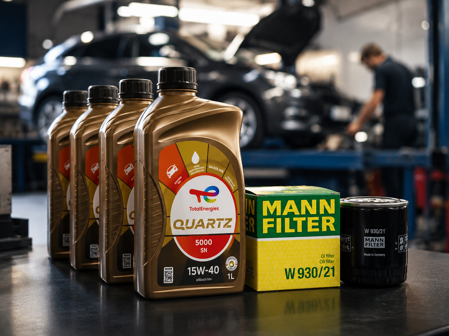 TotalEnergies Motoröl und MANN-FILTER bereitgestellt für den Ölwechsel