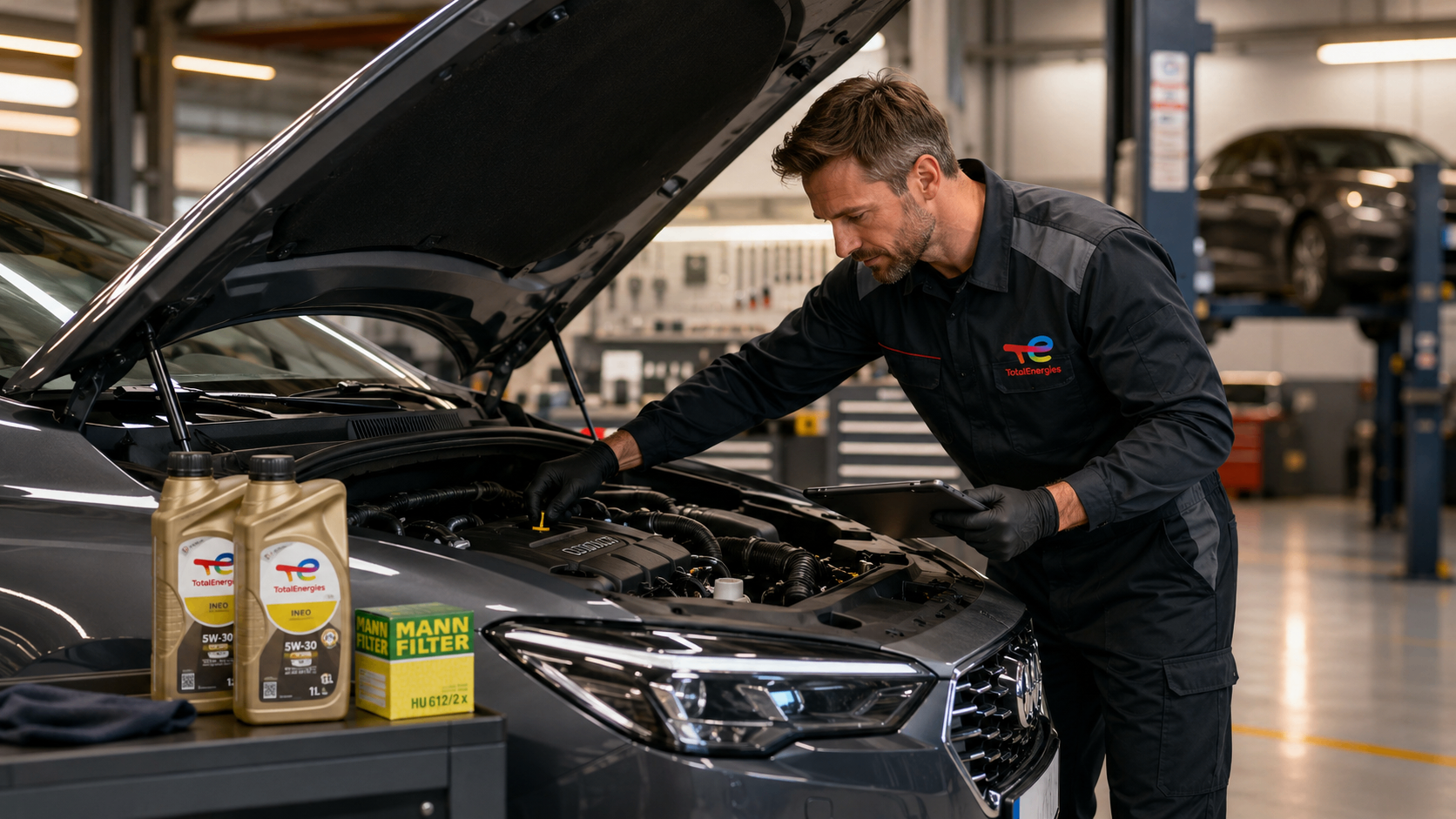 Mechaniker beim Ölwechsel mit TotalEnergies Motoröl und MANN-FILTER